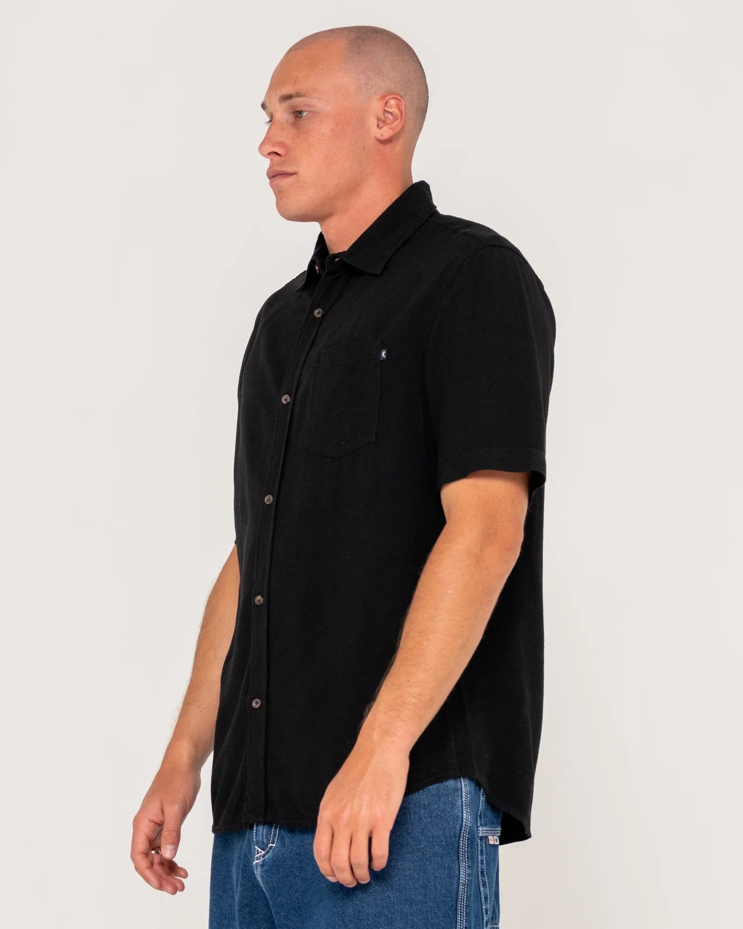 Overtone Short Sleeve Linen Shirt - Black