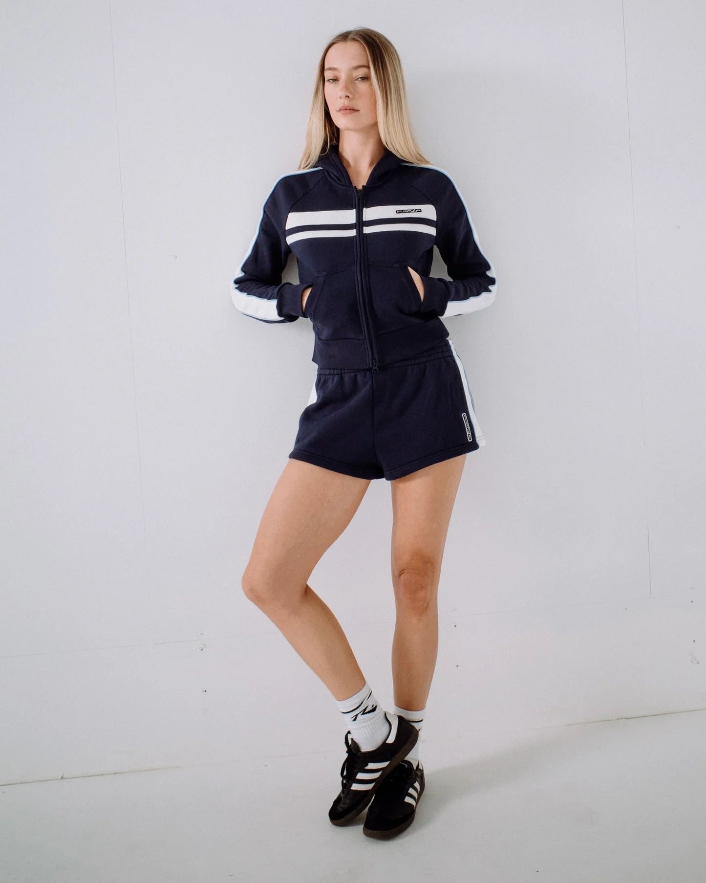 Retro lines zip through hooded fleece