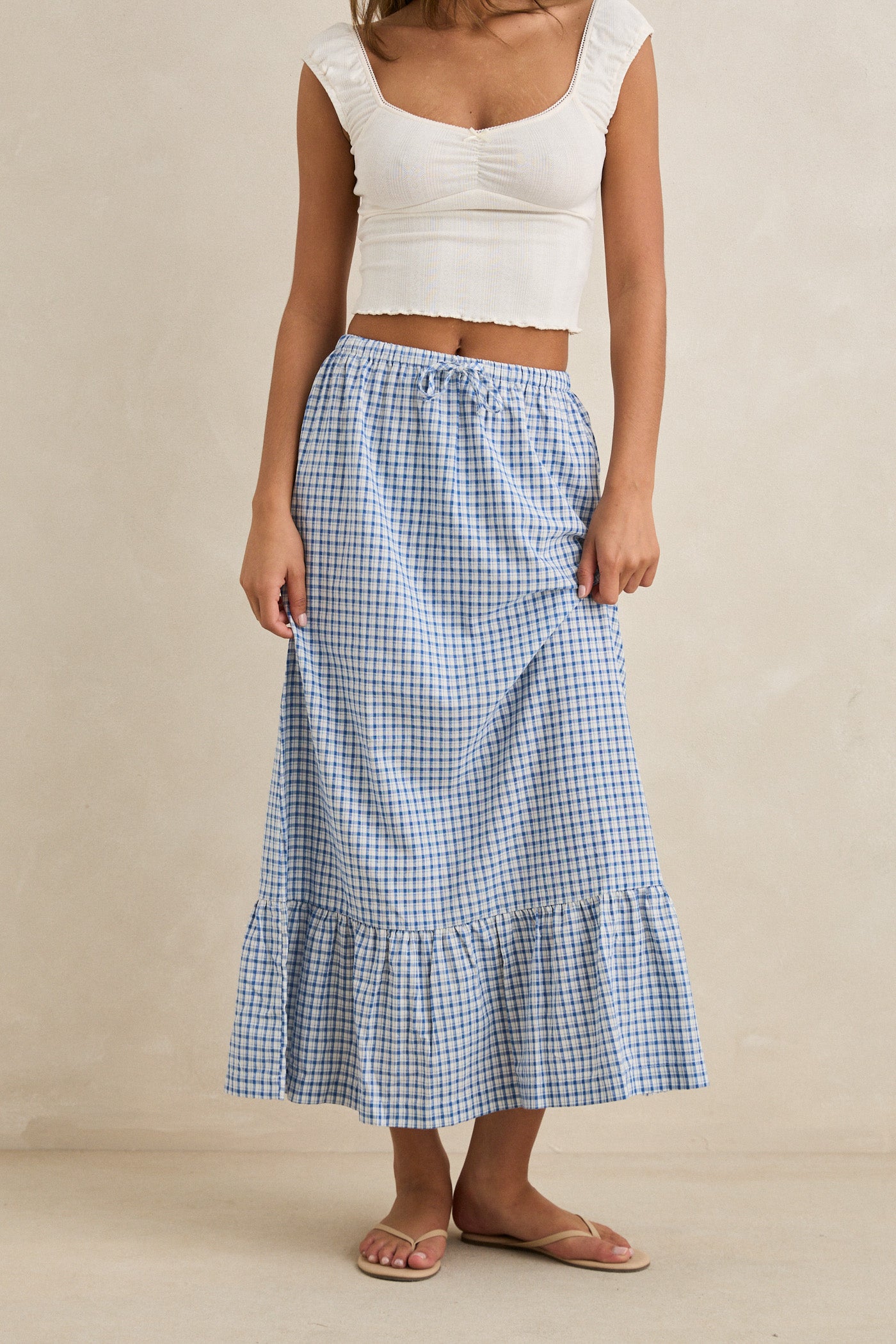 Lola Check Tiered Maxi Skirt - Blue