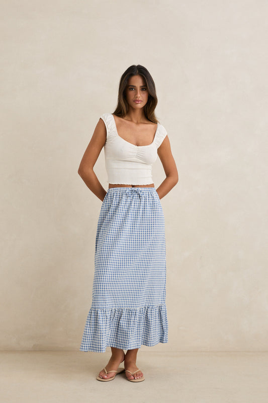 Lola Check Tiered Maxi Skirt - Blue
