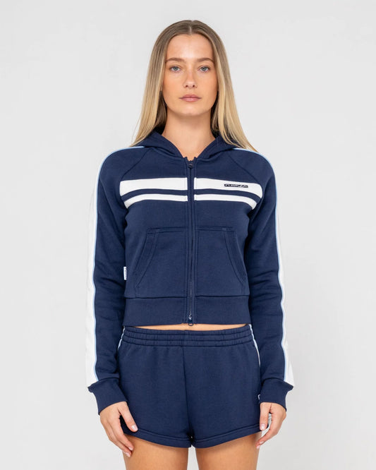 Retro lines zip through hooded fleece