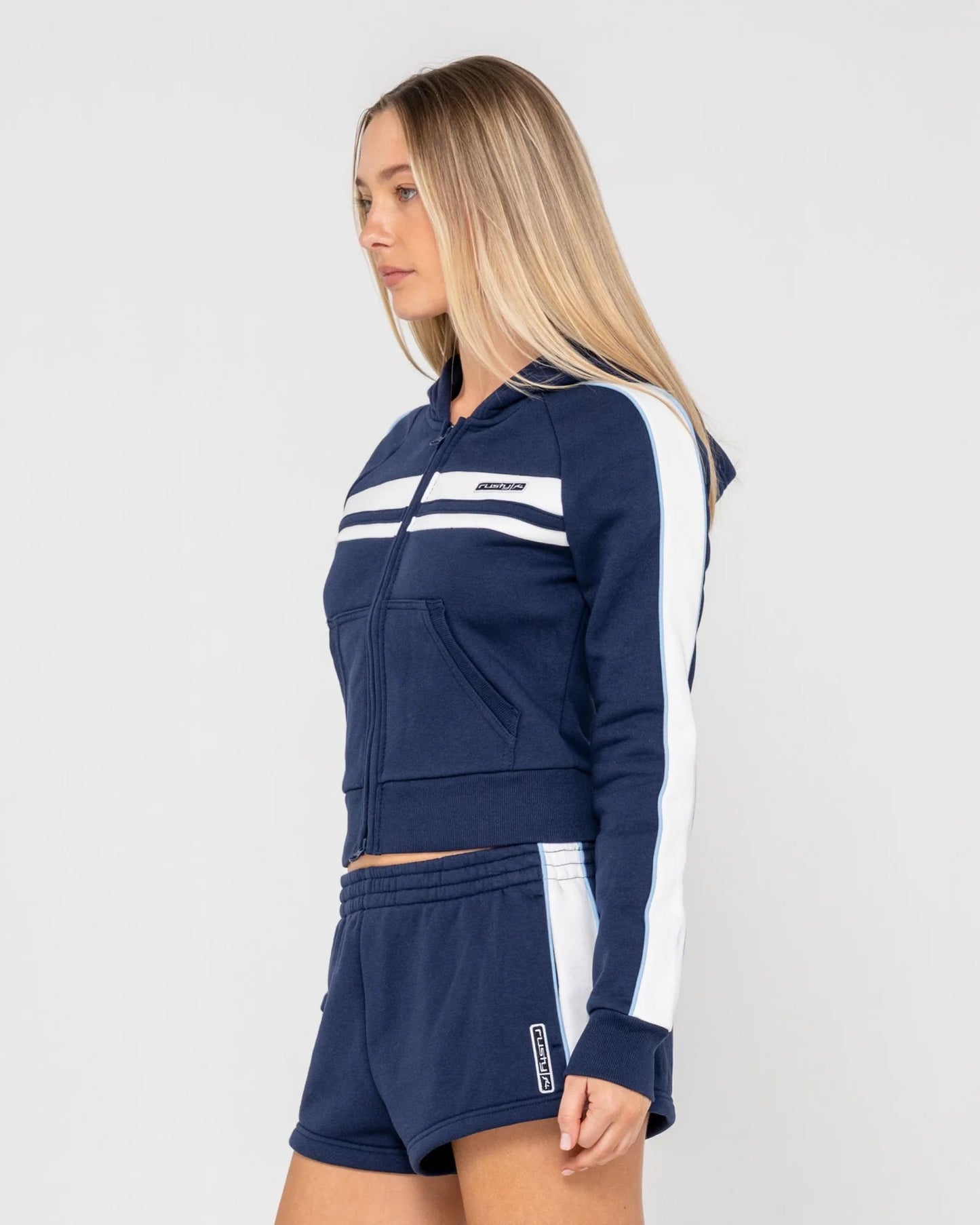 Retro lines zip through hooded fleece
